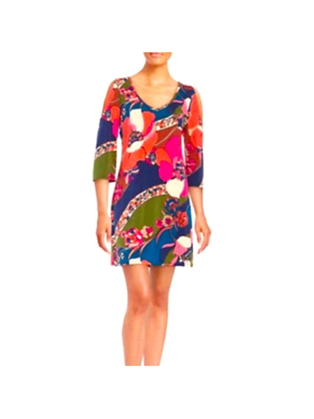 Trina Turk Multicolor Floral V-Neck Shift Dress - Navy, Pink, Coral, Olive